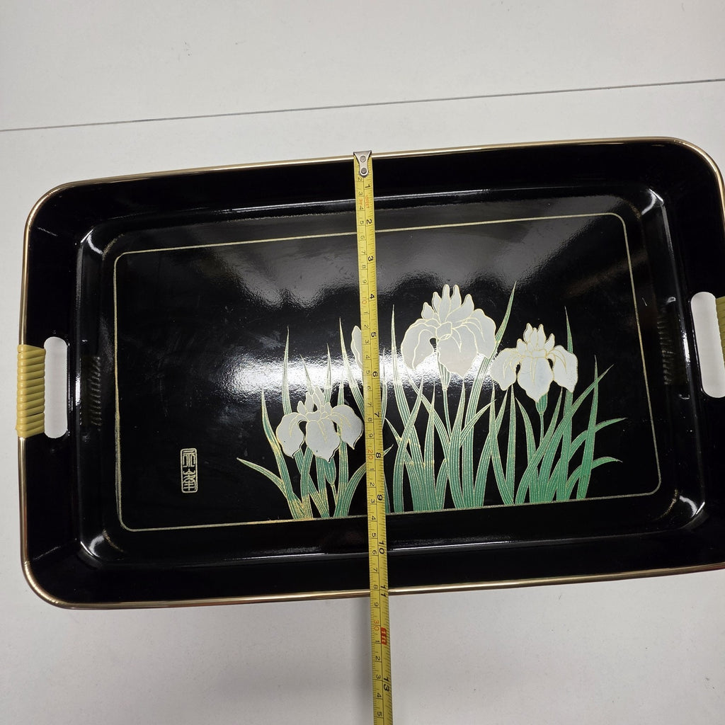 Vintage Handpainted Japanese Butterfly Tray With Handles 19x11" Black Retro Boho