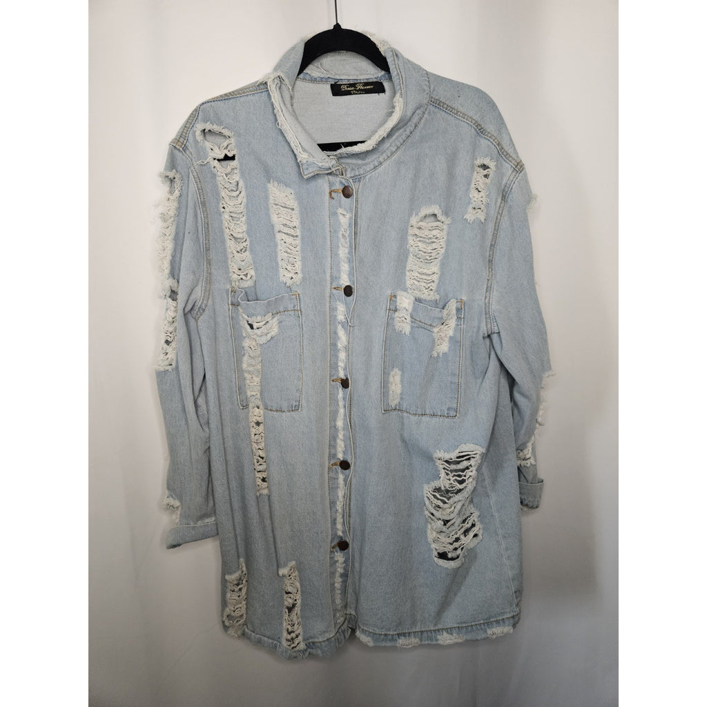 Denim Flavour Collection Womens Distressed Denim Shirt Small Oversized Long