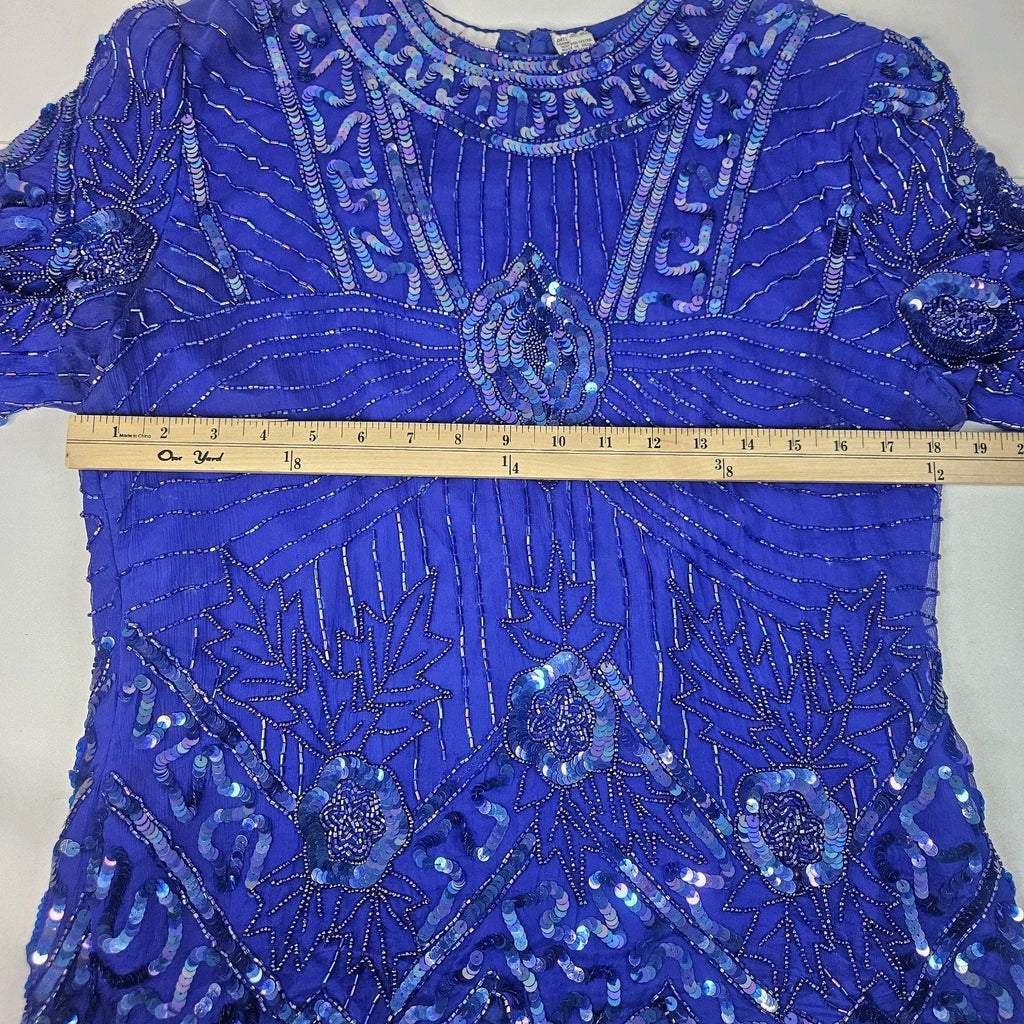 Sequin Beaded Silk Top 90s Vintage Royal Blue Blouse Gatsby Glam Party Large