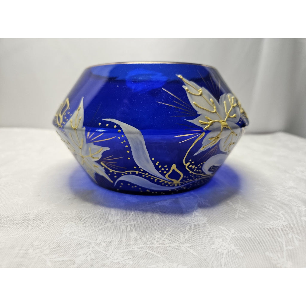 Bohemian Art Glass Short Vase in Cobalt Blue with Enameled Flowers & Gold Detail