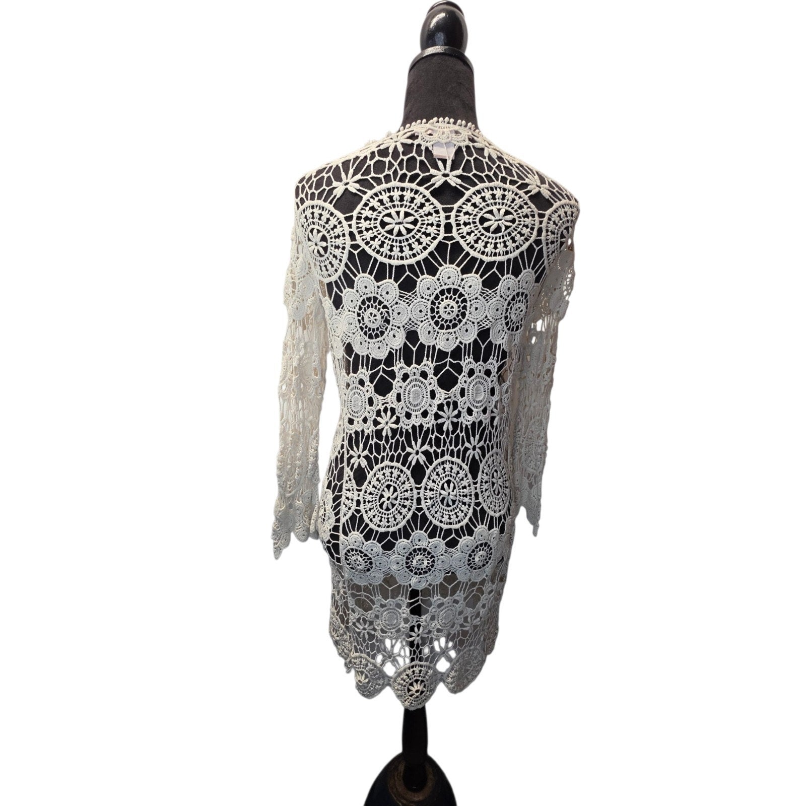 Y2K Open Knit Crochet Lace Mini Dress Cream Bohemian Beach Hippie Festival Small