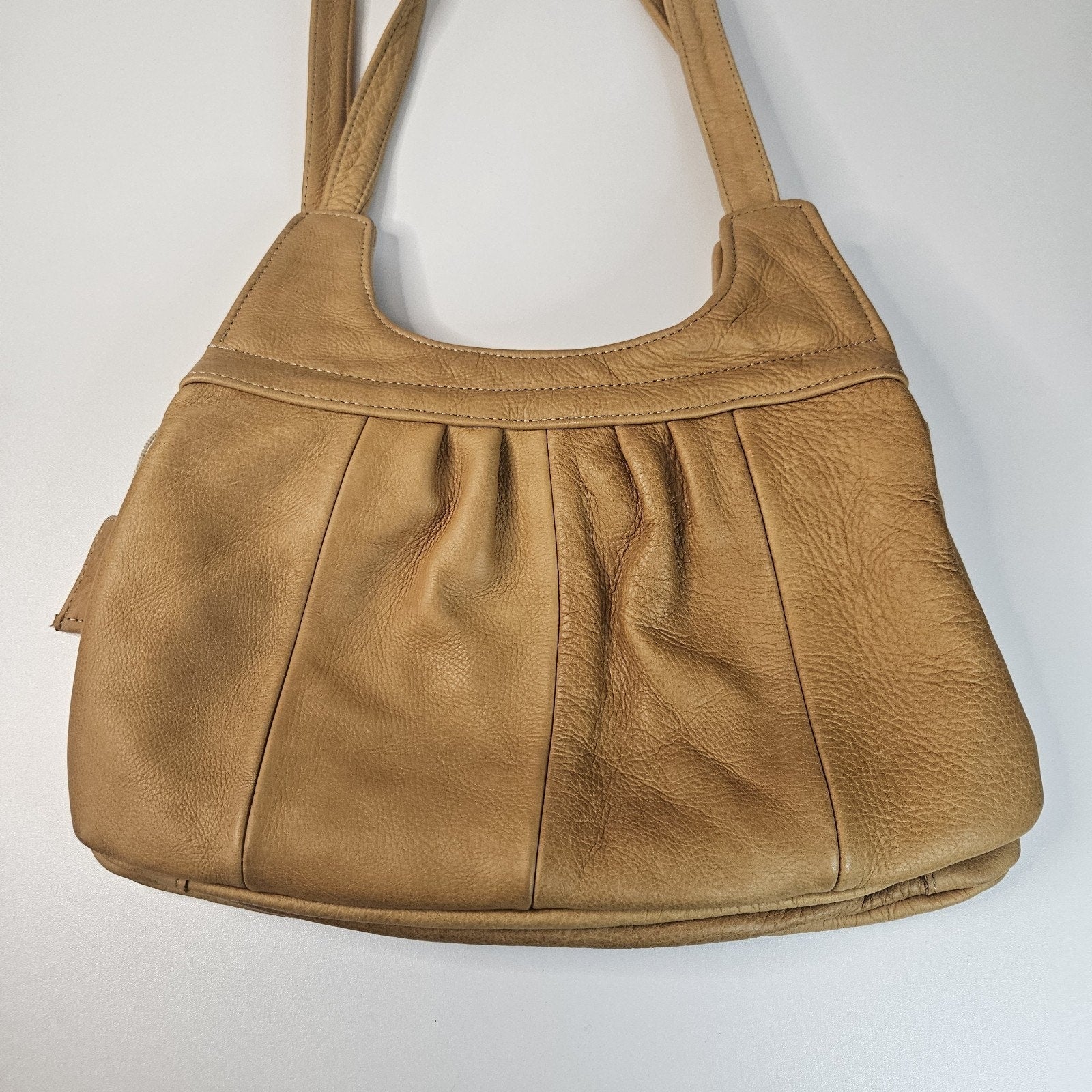 Vintage Soft Light Brown Leather 6 Pocket 2 Strap Whale Tail Lg Shoulder Bag