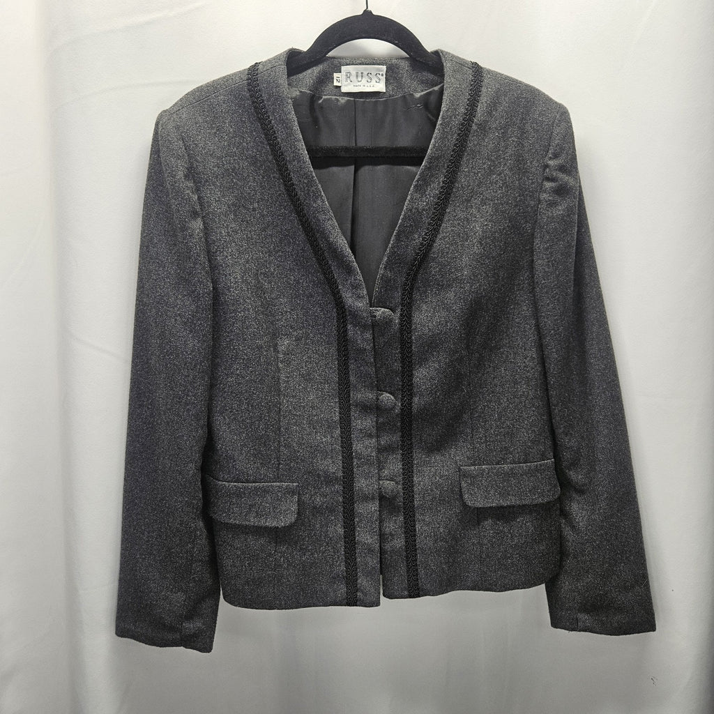 Union Made Vintage Women's Gray Wool Blend Braid Trim Blazer Size 12 USA Made