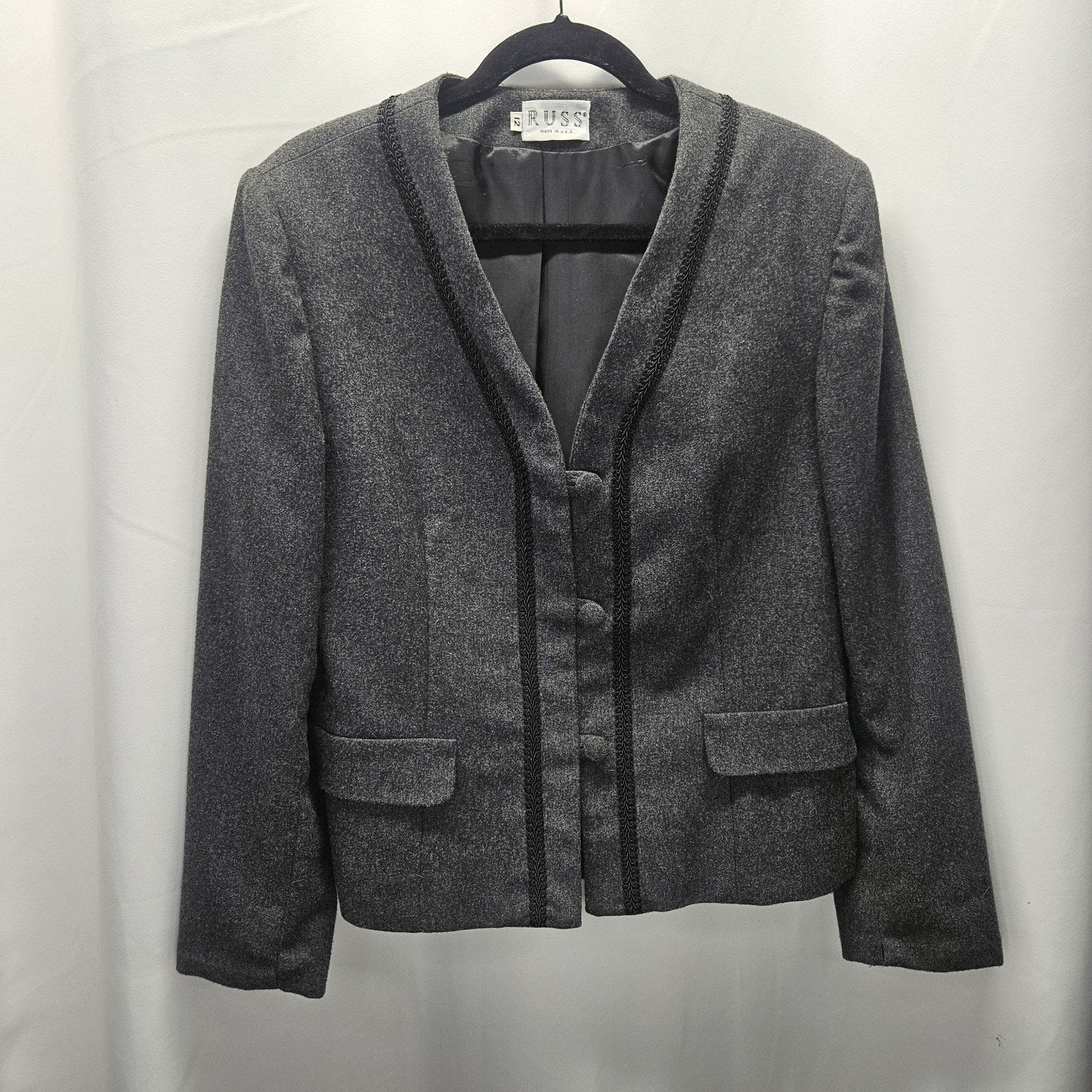 Union Made Vintage Women's Gray Wool Blend Braid Trim Blazer Size 12 USA Made