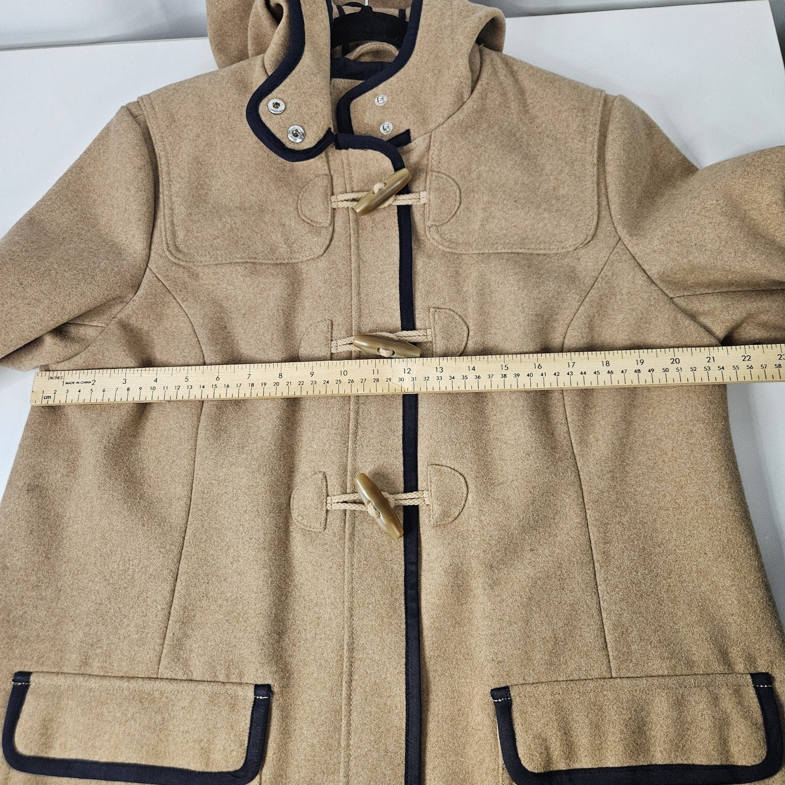 Tommy Hilfiger Jacket Womens Size Large Camel Navy Full Zip Hooded Wool Blend