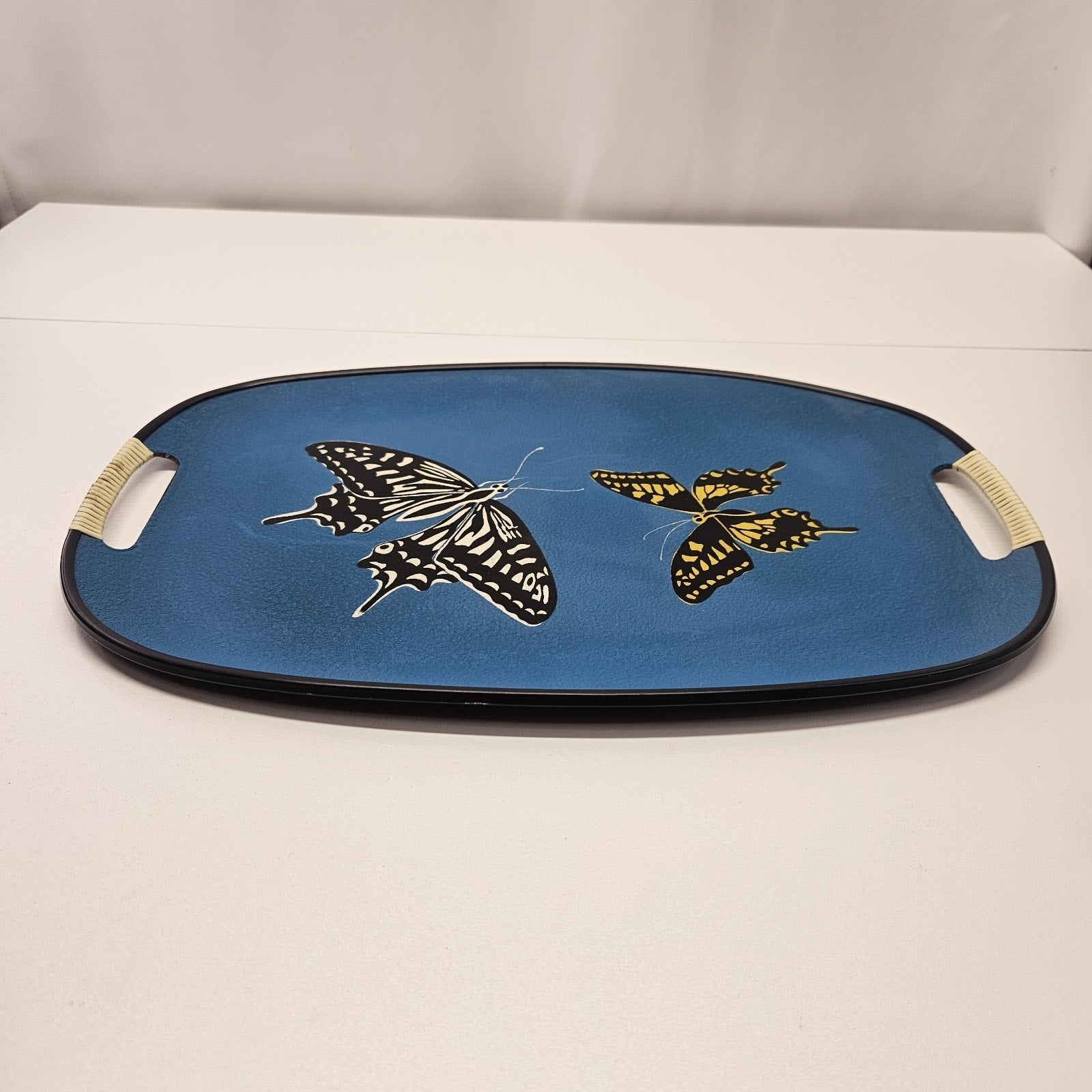 Vintage Handpainted Oval Butterfly Tray With Handles 18"x12" Blue Retro Boho