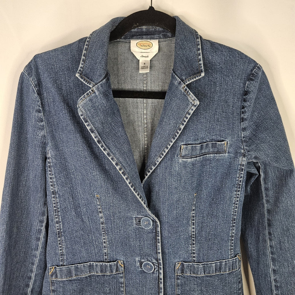 VTG Talbots Stretch-Fit Denim Blazer Jacket Women’s Size 6 Blue Two Button Short