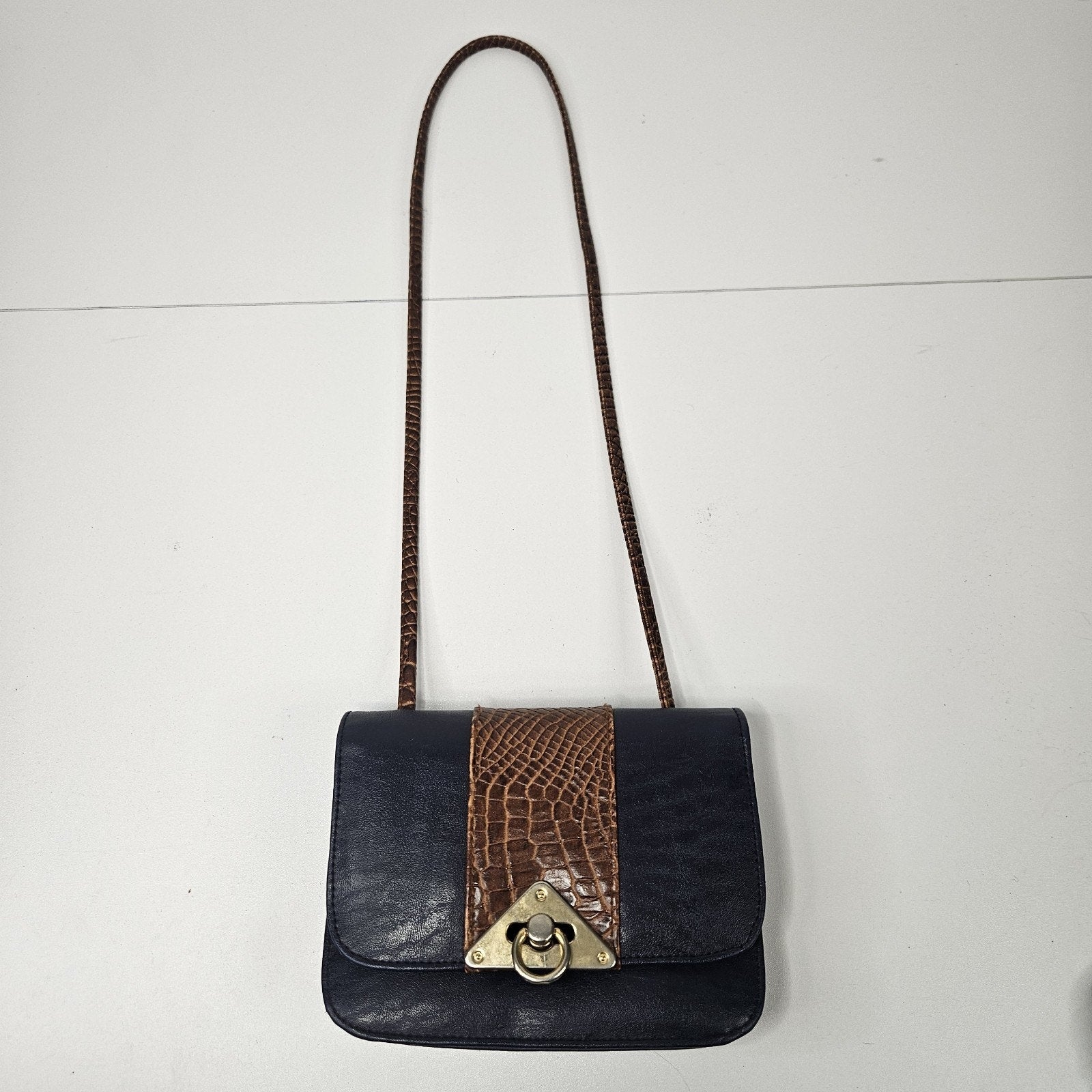 L'egent Navy Brown Faux Leather Purse Buckle Mini Shoulder Bag 90s Vintage