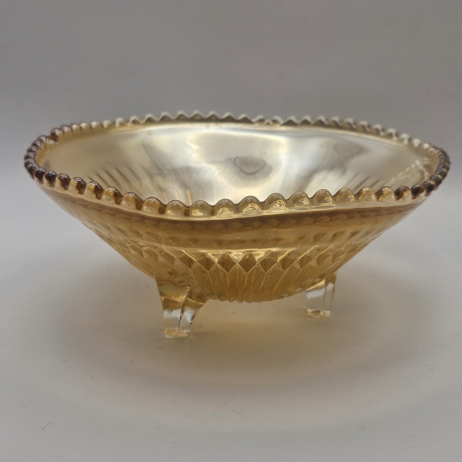 Vtg Carnival Glass Candy Dish Amber Three Footed Beaded Rim Diamond Pointed Ribs