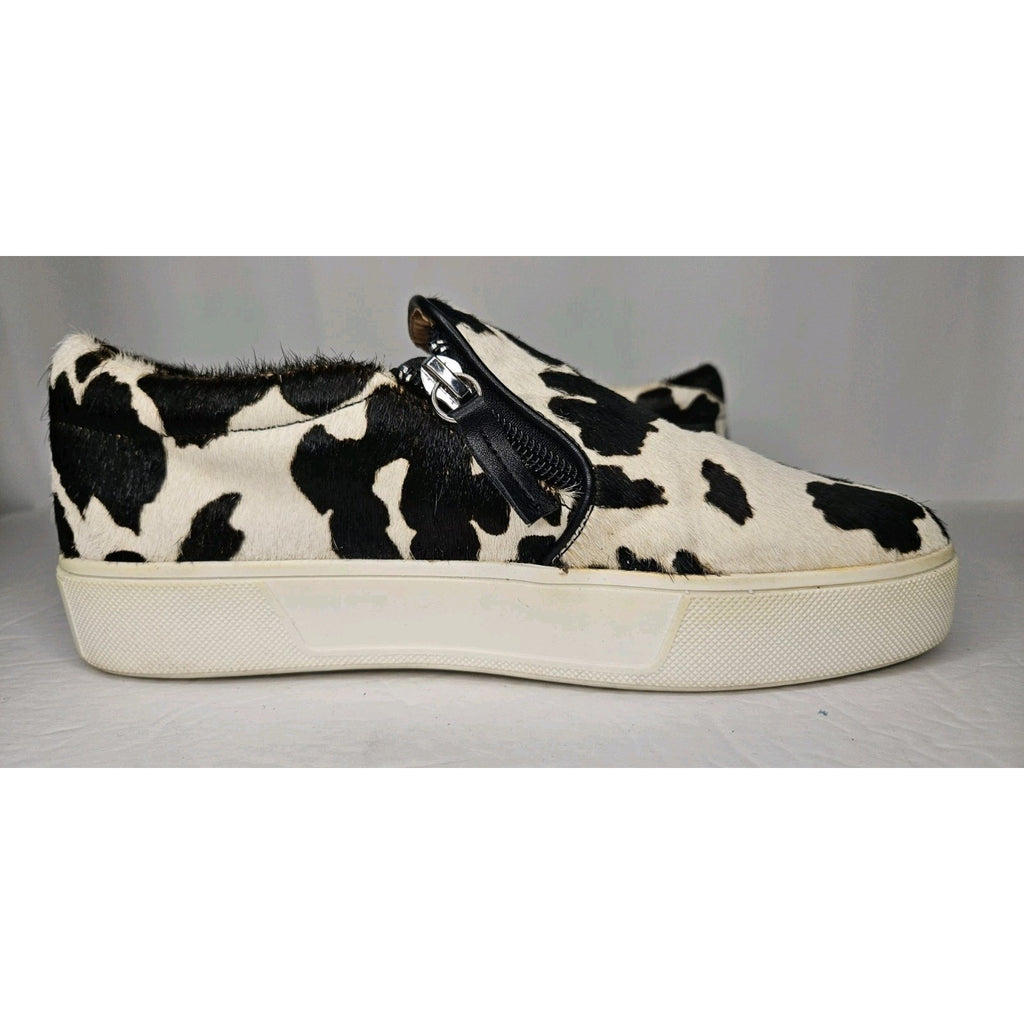 Very Volatile Women's Size 7.5 Normande Sneakers Black White Cow Print Real Fur