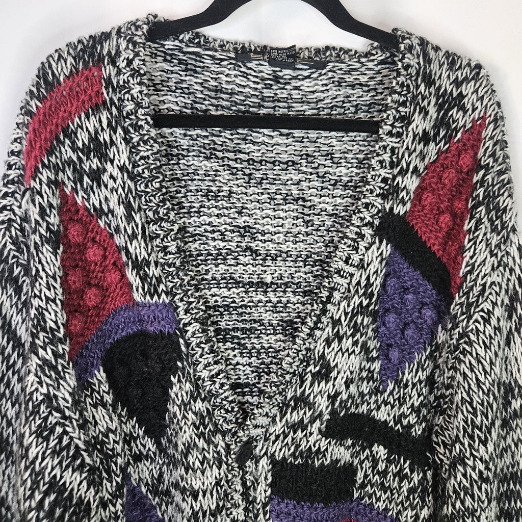 Vtg Handmade 80s Black & Gray Chunky Abstract Cardigan Sweater Women's Large