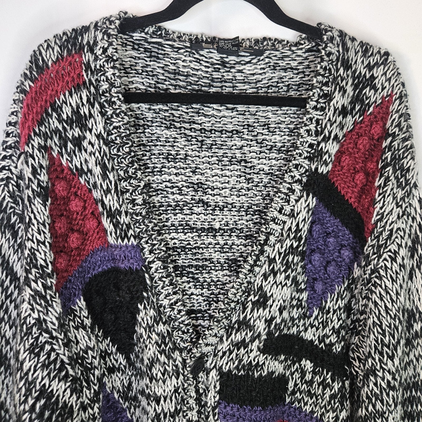 Vtg Handmade 80s Black & Gray Chunky Abstract Cardigan Sweater Women's Large