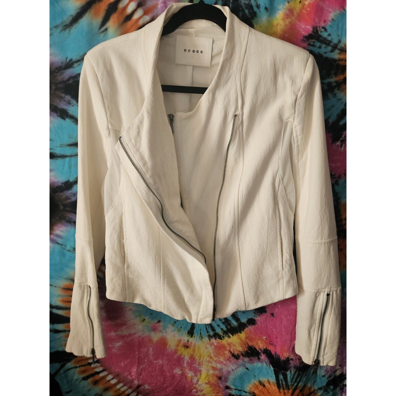 BLANKNYC White Cotton Jacket Asymetical Zip Large Mesh Panels Zip Cuffs Size XL