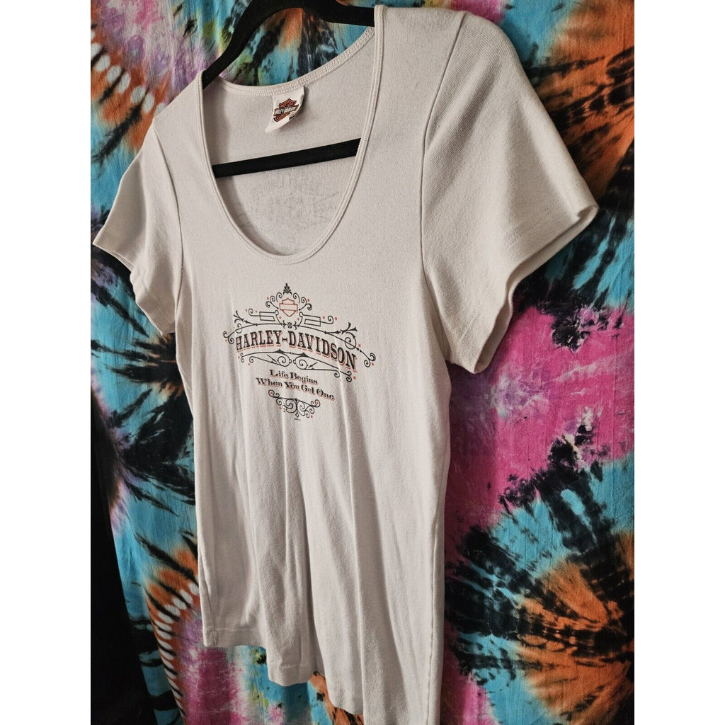 Harley-Davidson White T-Shirt Scoop Neck Size Large Biker Y2K Motorcycle