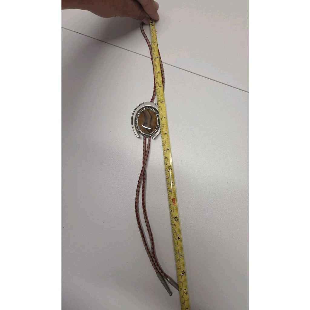 Vintage Western Banded Tigers Eye Agate Silver Tone Leather Western Bolo Tie