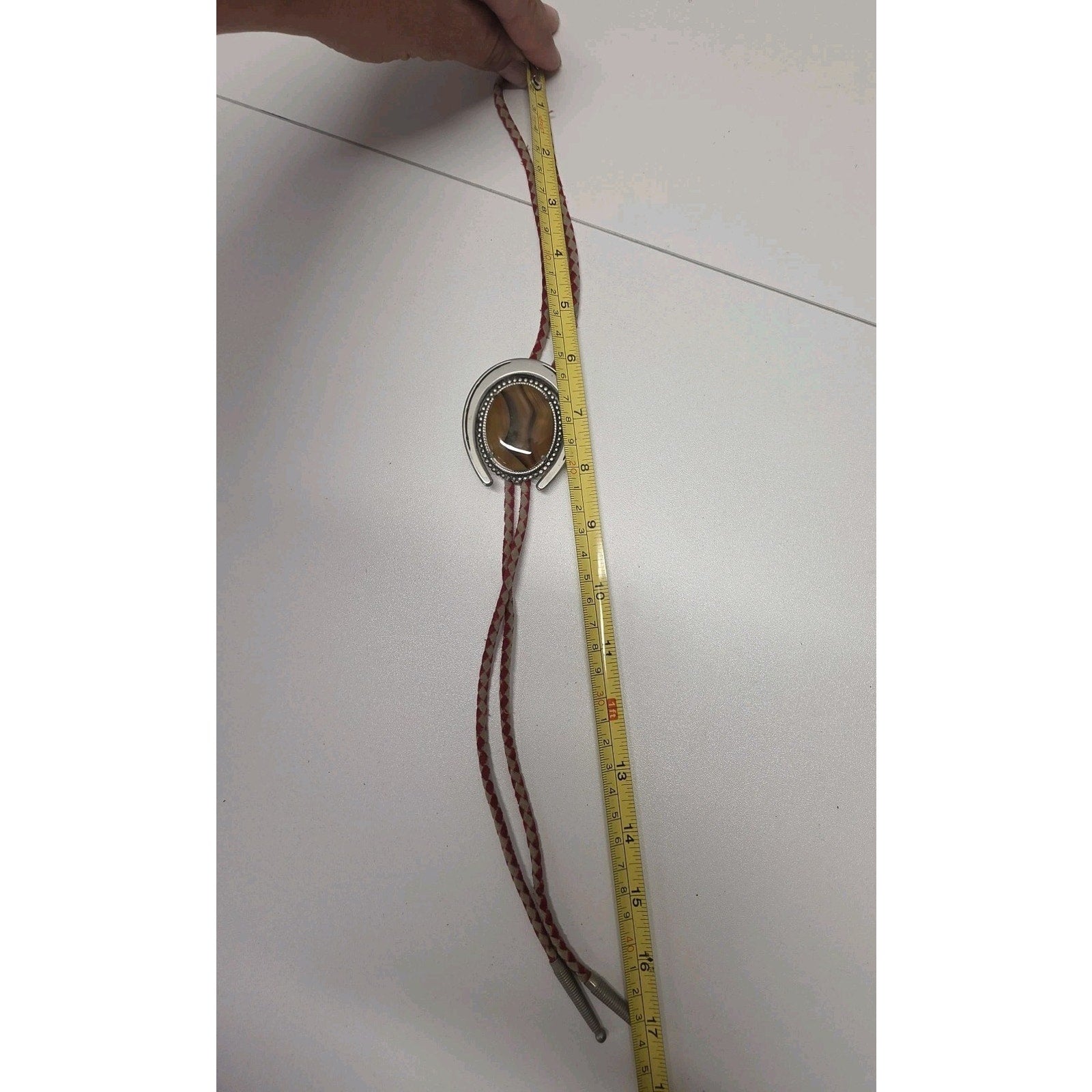Vintage Western Banded Tigers Eye Agate Silver Tone Leather Western Bolo Tie