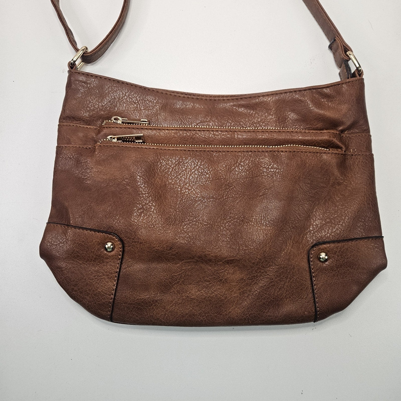 Brown Faux-Leather Crossbody Handbag Two Front Zip Pockets Shoulder Bag Purse