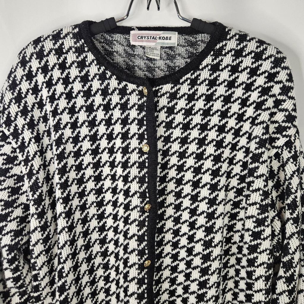 VTG Crystal Kobe Houndstooth Cardigan Sweater Gold Buttons Sz XL Classy