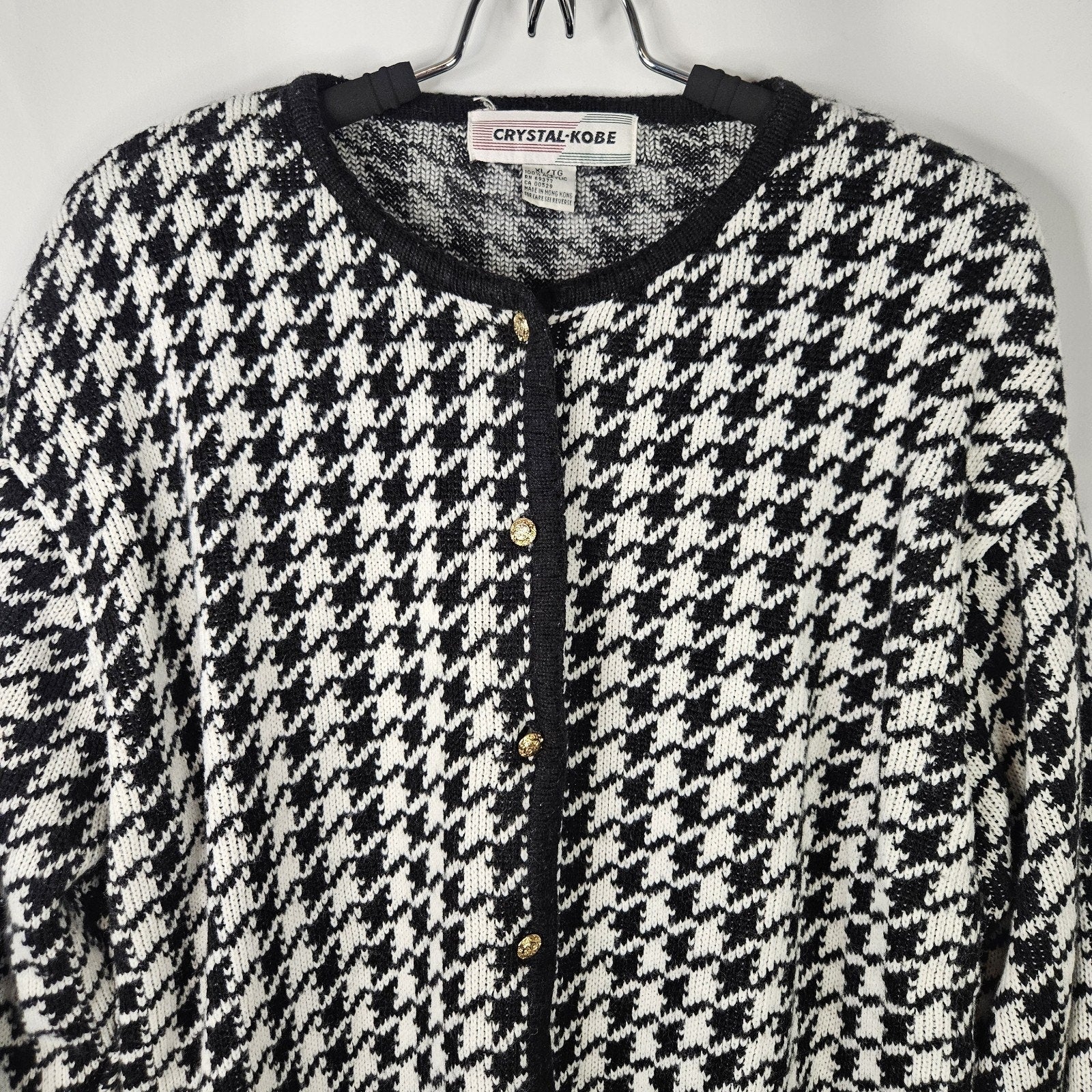 VTG Crystal Kobe Houndstooth Cardigan Sweater Gold Buttons Sz XL Classy