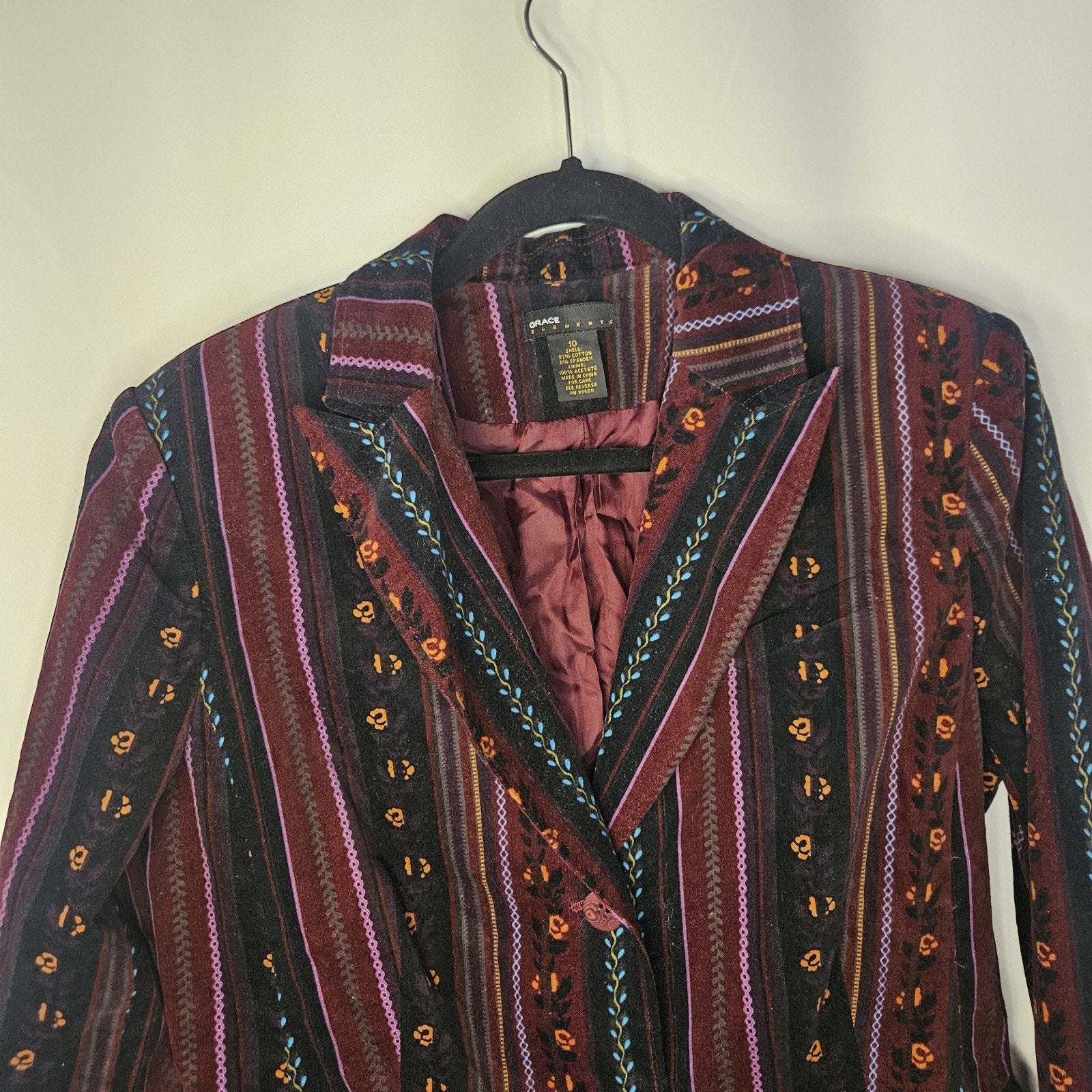 Vtg Grace Elements Corduroy Velvet Blazer Jacket Sz 10 Boho Glam Aztec