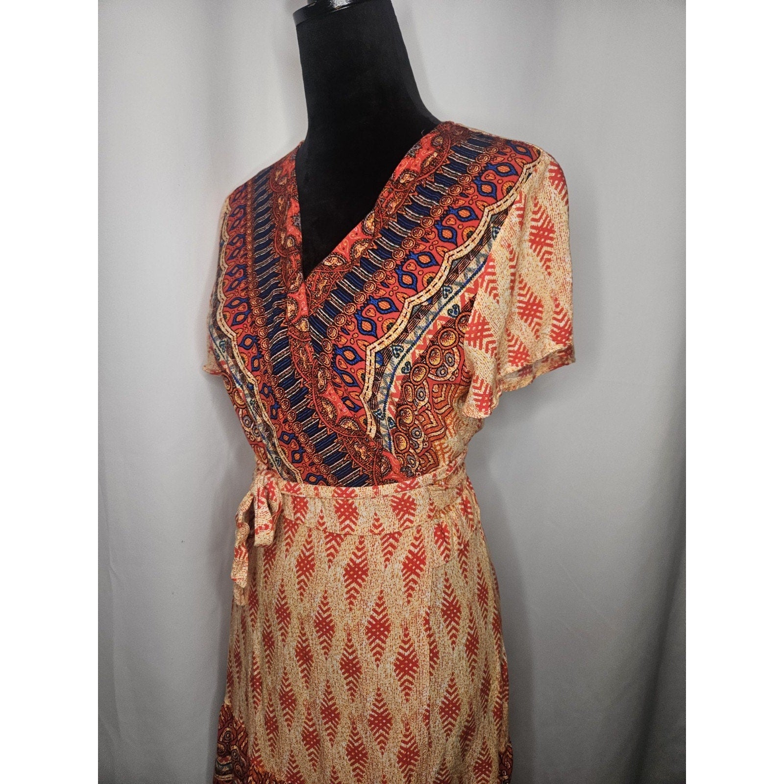 Wrap V Neck Bohemian Floral Print Ruffle Swing A Line Beach Mini Dress Large