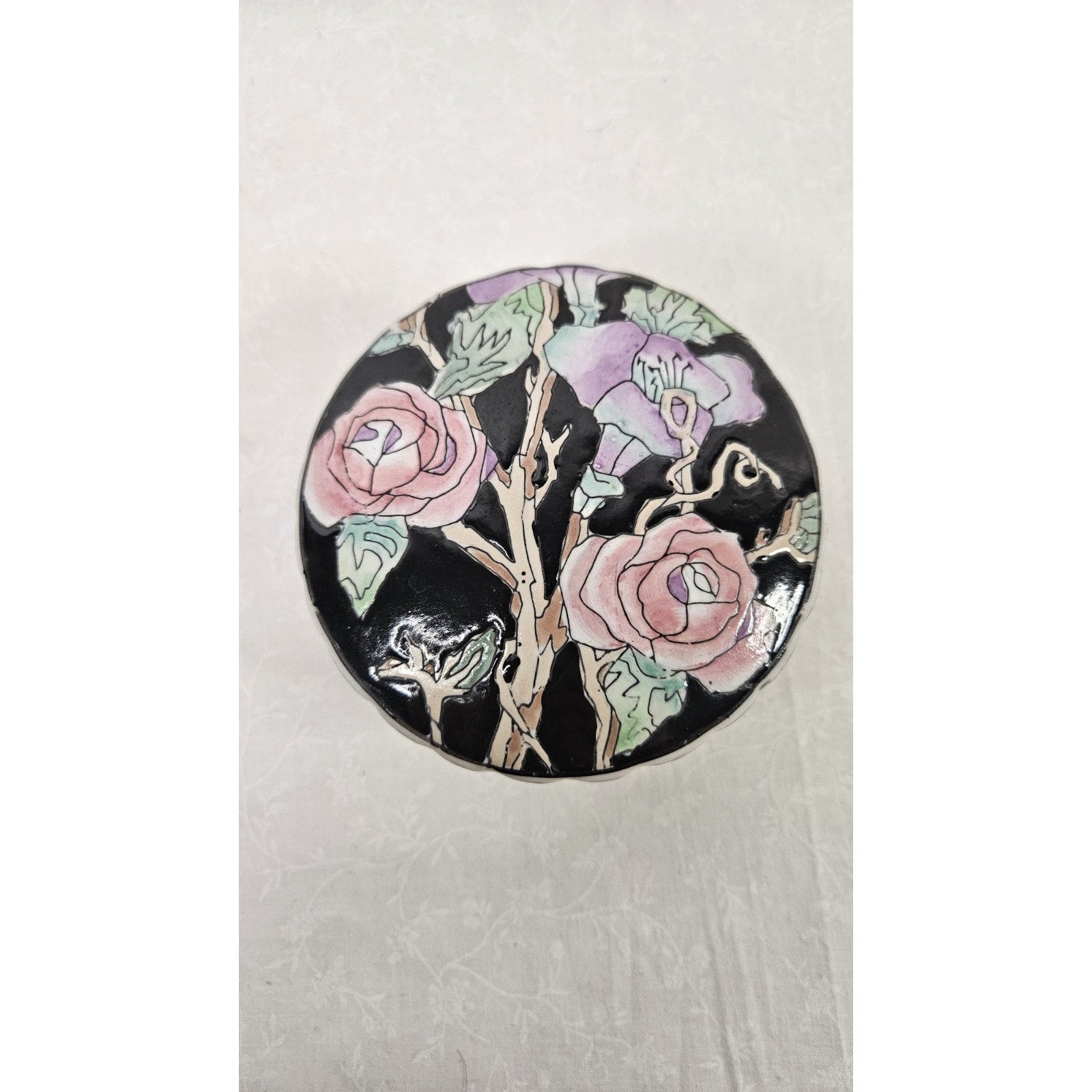 Vintage Toyo Powder Box Vintage Trinket Box Black Floral Cottage Core 4.5"