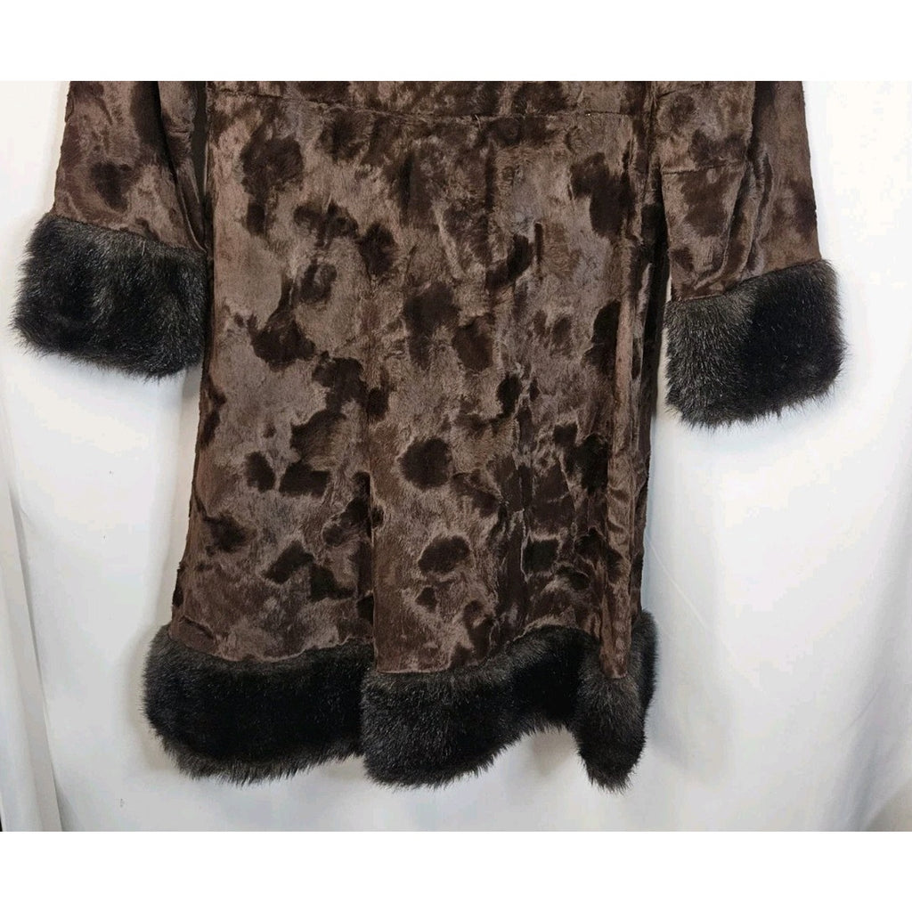 Vintage Union Made Faux Fur Coat Chocolate Brown Mod Full Length Size Small Glam