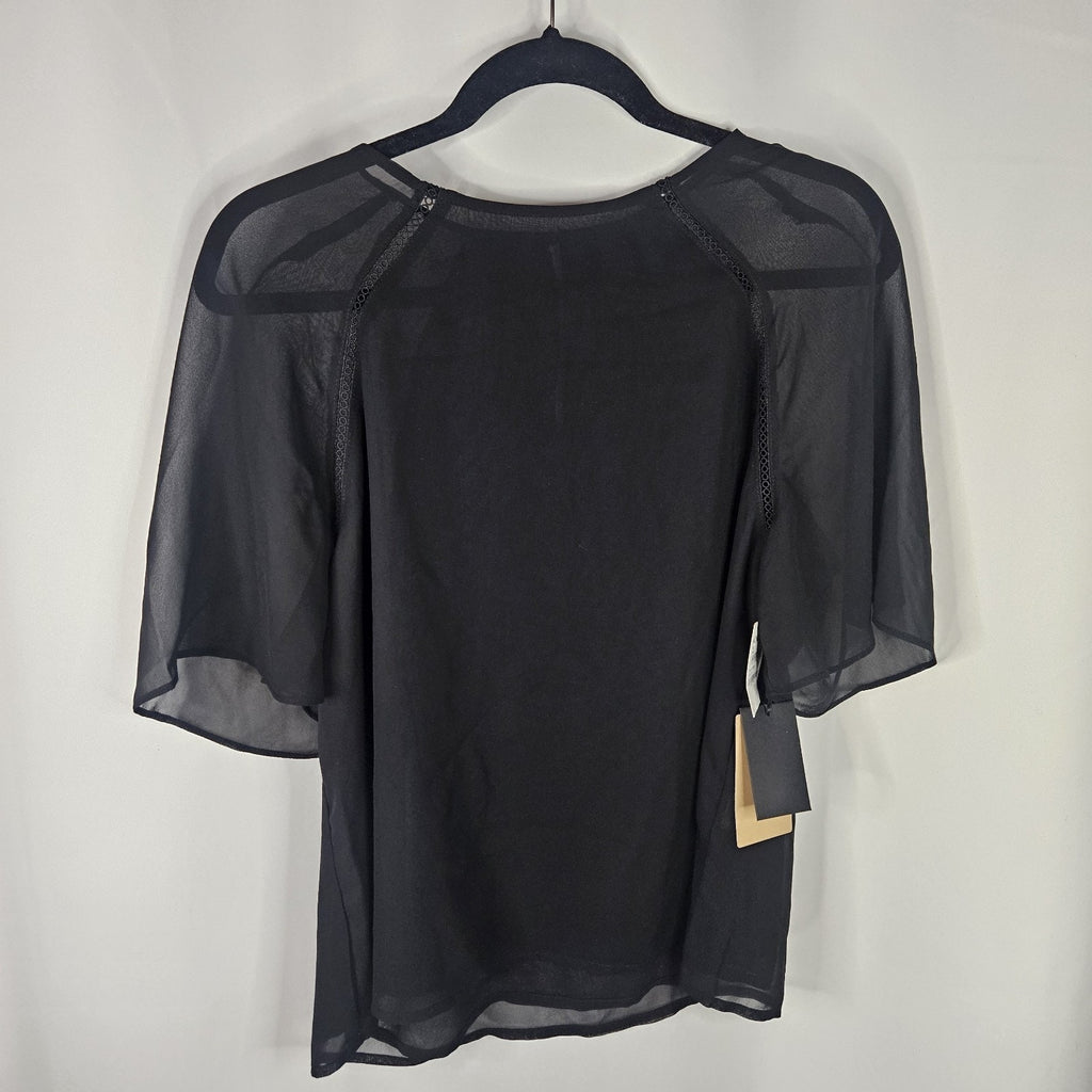 Halogen Top NWT Black Sheer Short Sleeve Crochet Trim Pullover Women's Size M