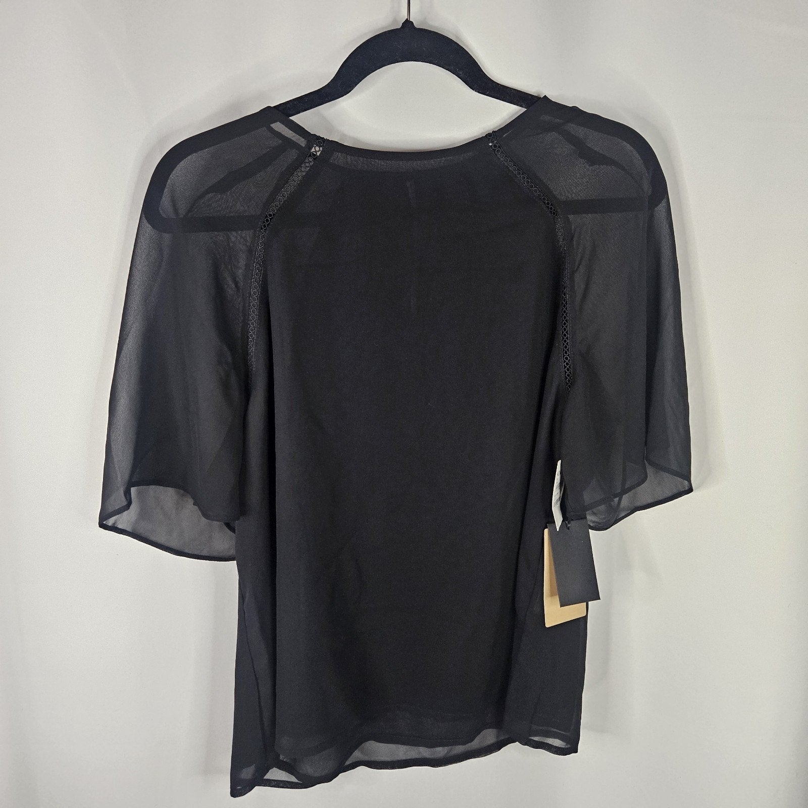 Halogen Top NWT Black Sheer Short Sleeve Crochet Trim Pullover Women's Size M