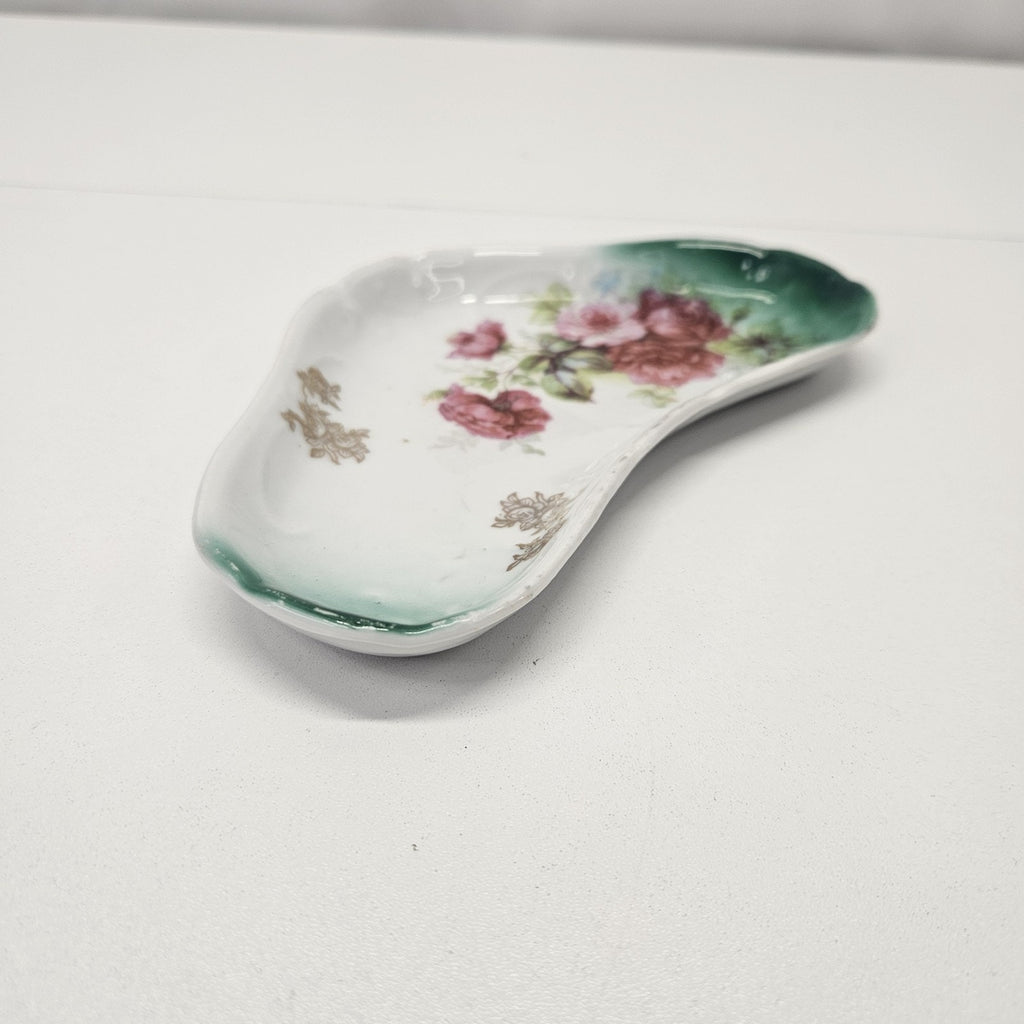 Vintage Germany Porcelain Trinket Dish Green And Pink Floral 7x4” Jewelry Tray