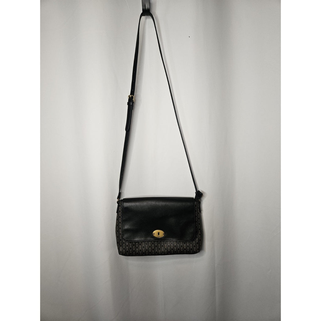 Fossil Black & Logo Pattern Crossbody Bag With Gold Hardware And Adjustable Stra