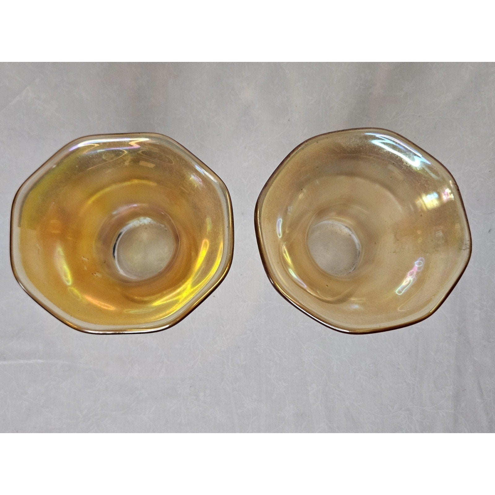 Vintage Art Glass Vase Set Iridescent Wide Flared Rim 5" Tall Scalloped Rim