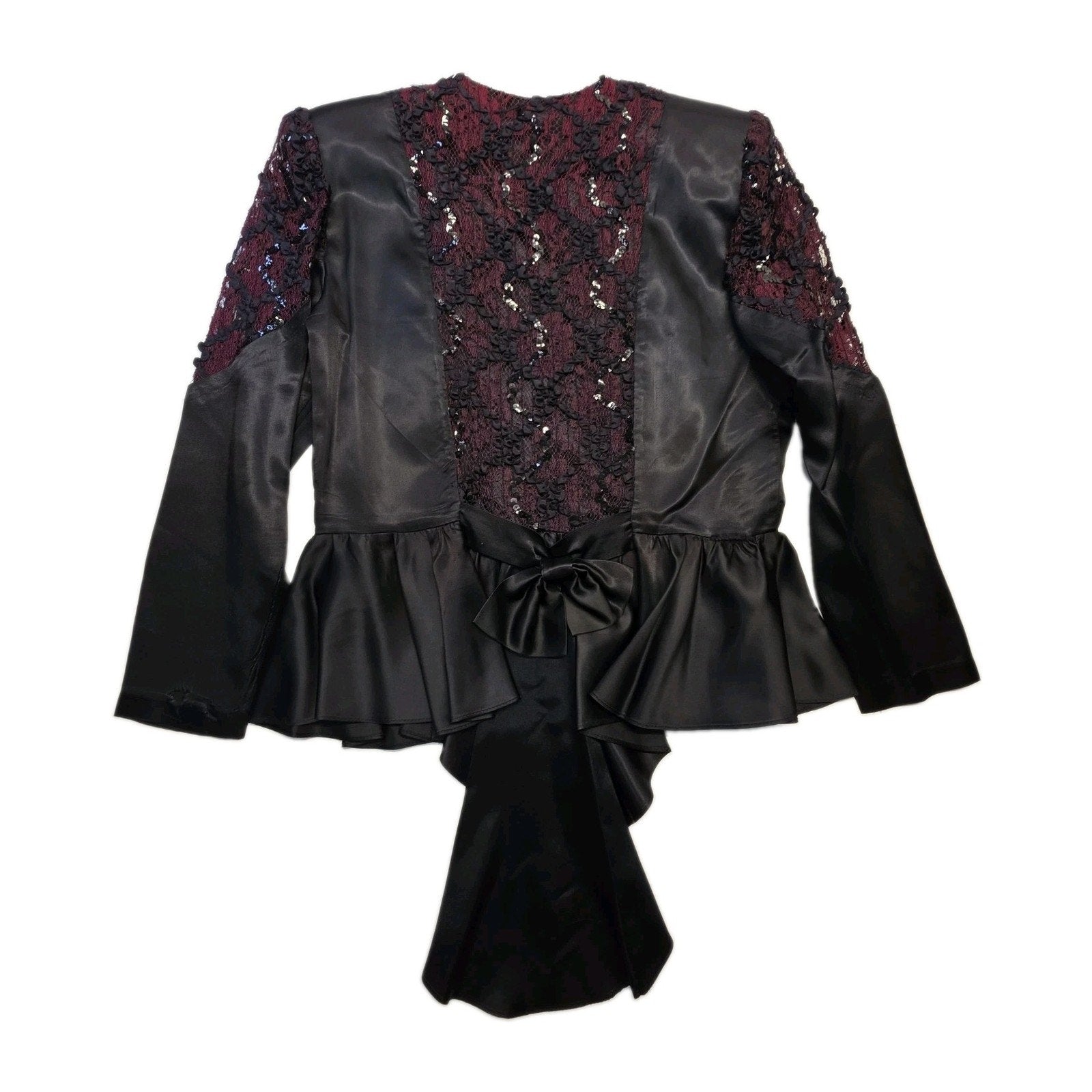 Vintage 1980s Skirt Suit Black Satin Peplum Jacket Blazer Embellished Lace Sz 14