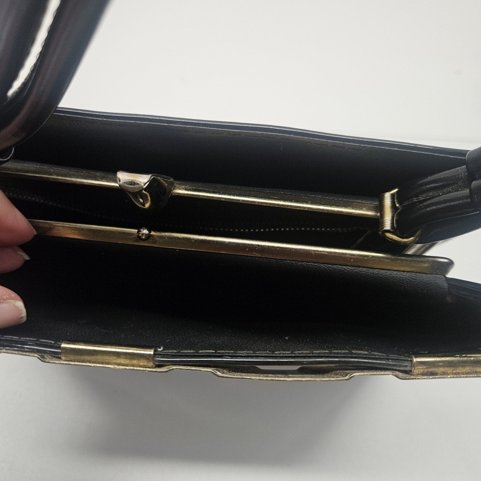 Vtg 1960s MCM Cara Shiny Black Patent Leather Bag Gold & Silver Trim Top Handles