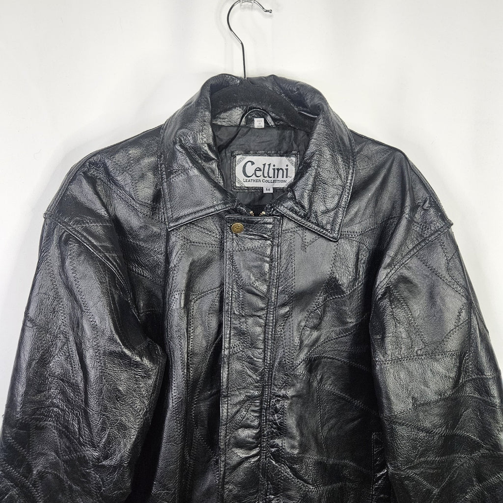 Vtg 90s Cellini Black Leather Bomber Jacket Stitch Mosaic Moto Jacket Coat- Med