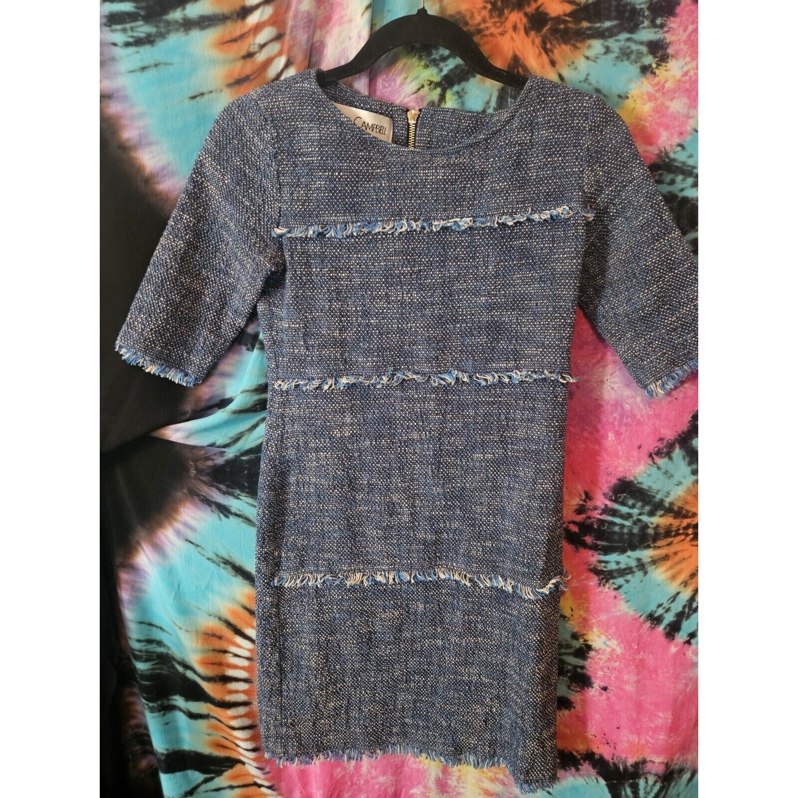 Rare Vintage Sara Campbell Women's Blue & White Boro Style Textured Dress XS