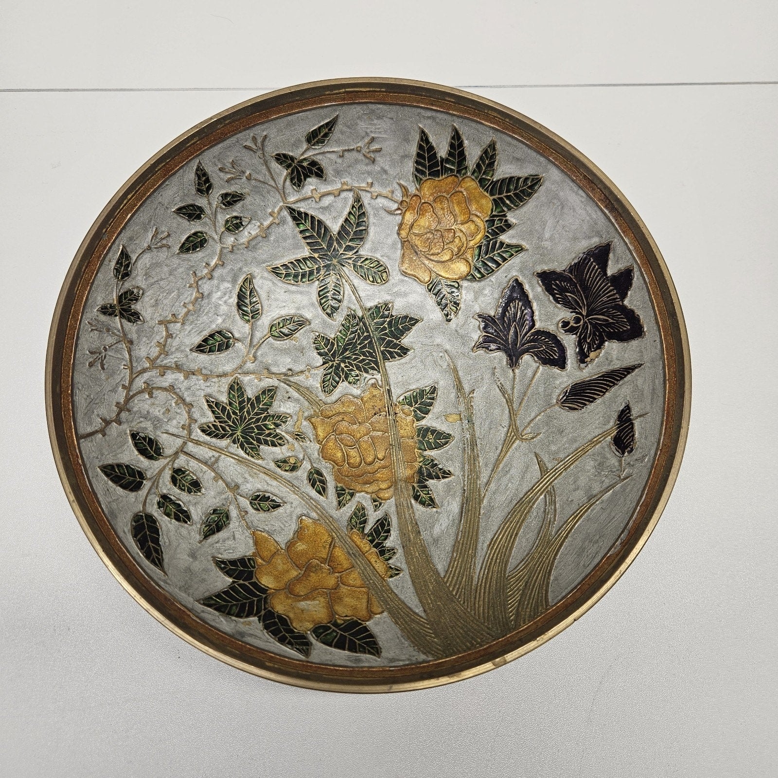 Vintage Brass Closionne Enamel Pedestal 9.5 Decorative Bowl India Floral