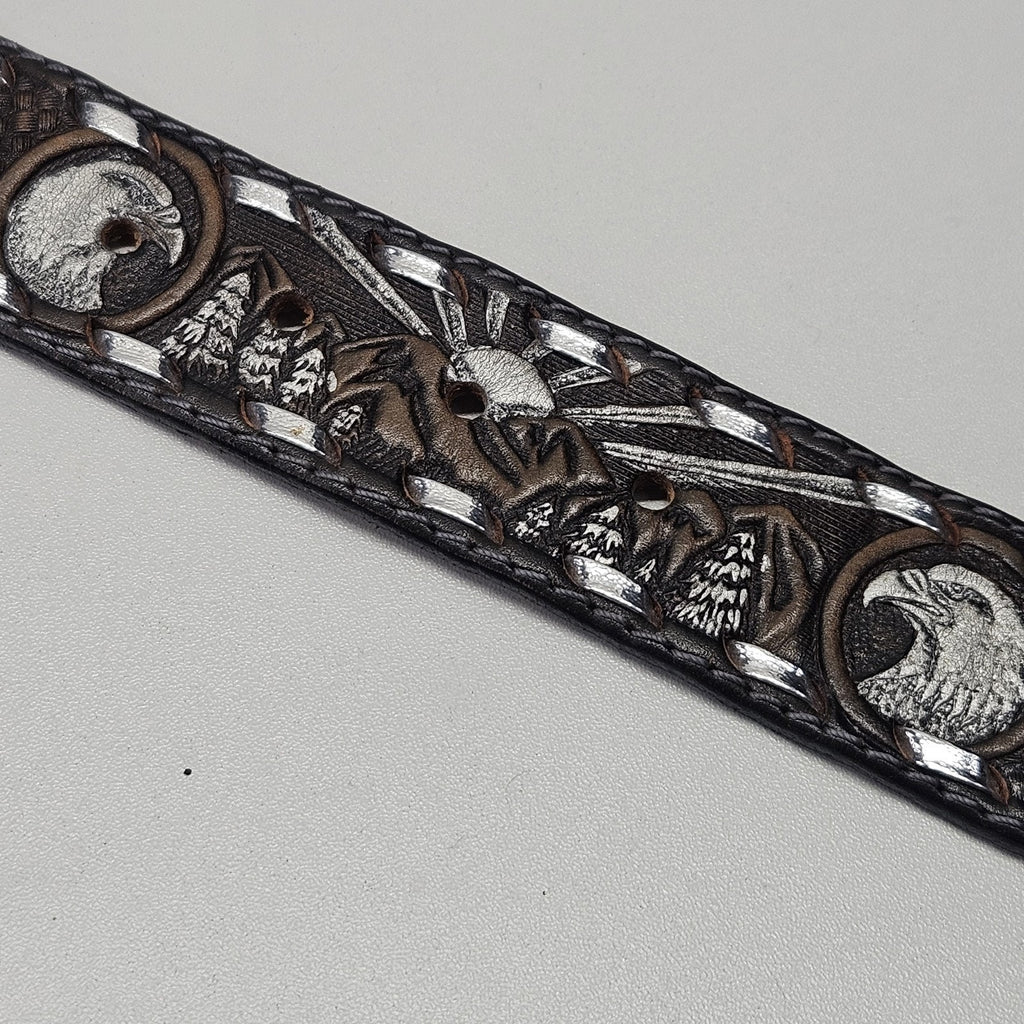 Datoka Full Grain Cowhide Sz 32 Black Leather Belt Painted Embossed Eagles USA