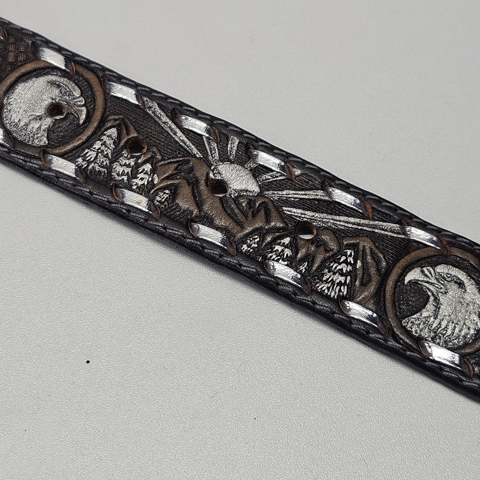 Datoka Full Grain Cowhide Sz 32 Black Leather Belt Painted Embossed Eagles USA