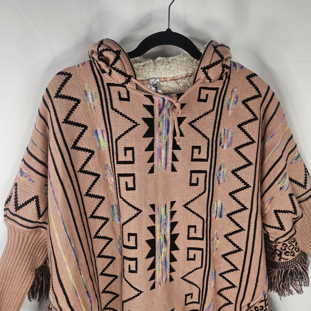 Vtg Aztec Print Poncho W/Hood Norma Angelica MX/Unisex Multicolor Lined 90’s