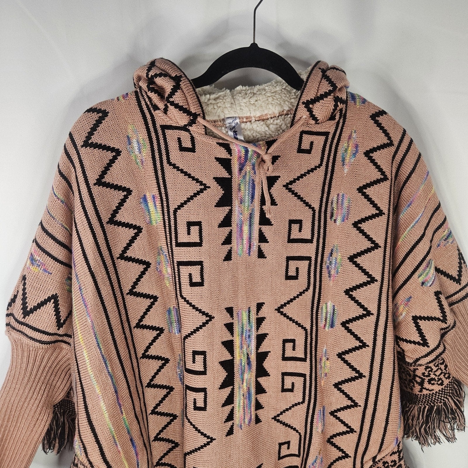 Vtg Aztec Print Poncho W/Hood Norma Angelica MX/Unisex Multicolor Lined 90’s
