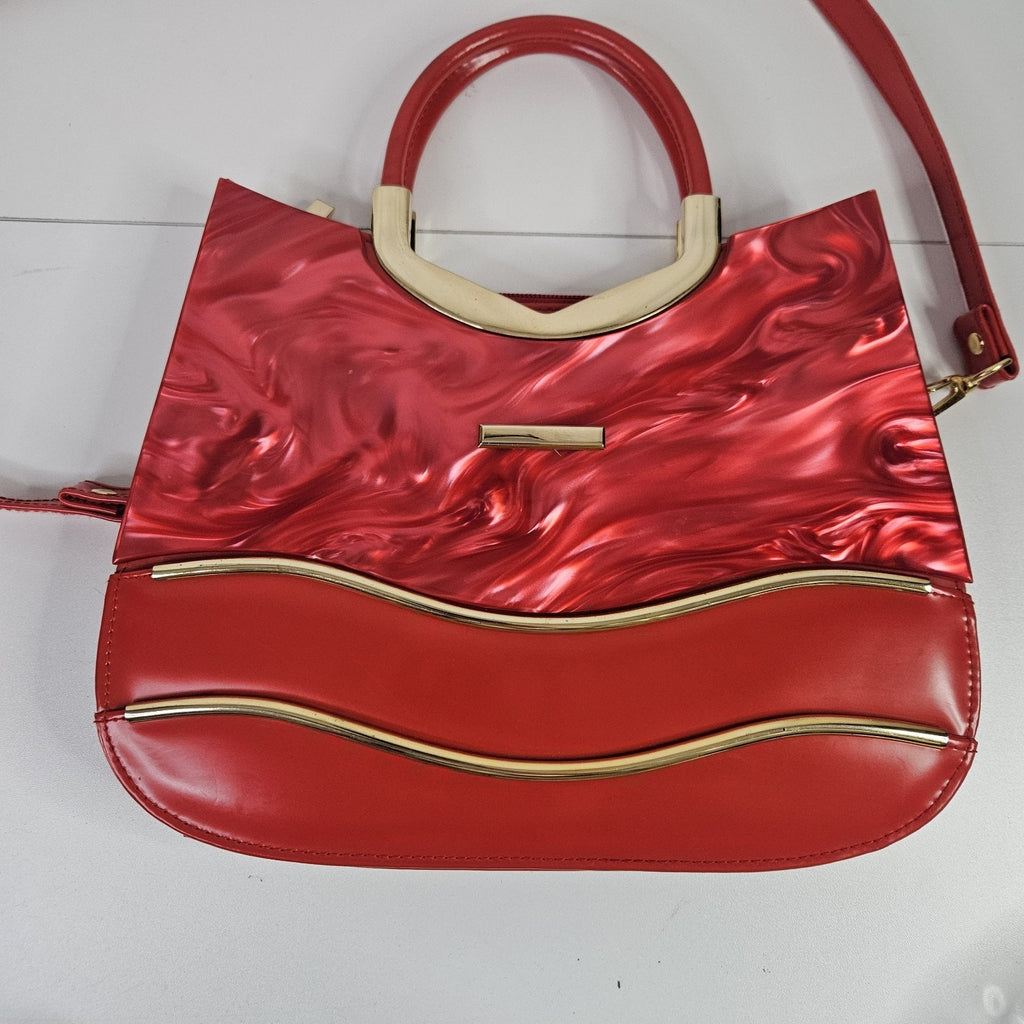 Retro Inspired Glossy Statement Handbag Red Gold Accents Acrylic Shoulder Purse