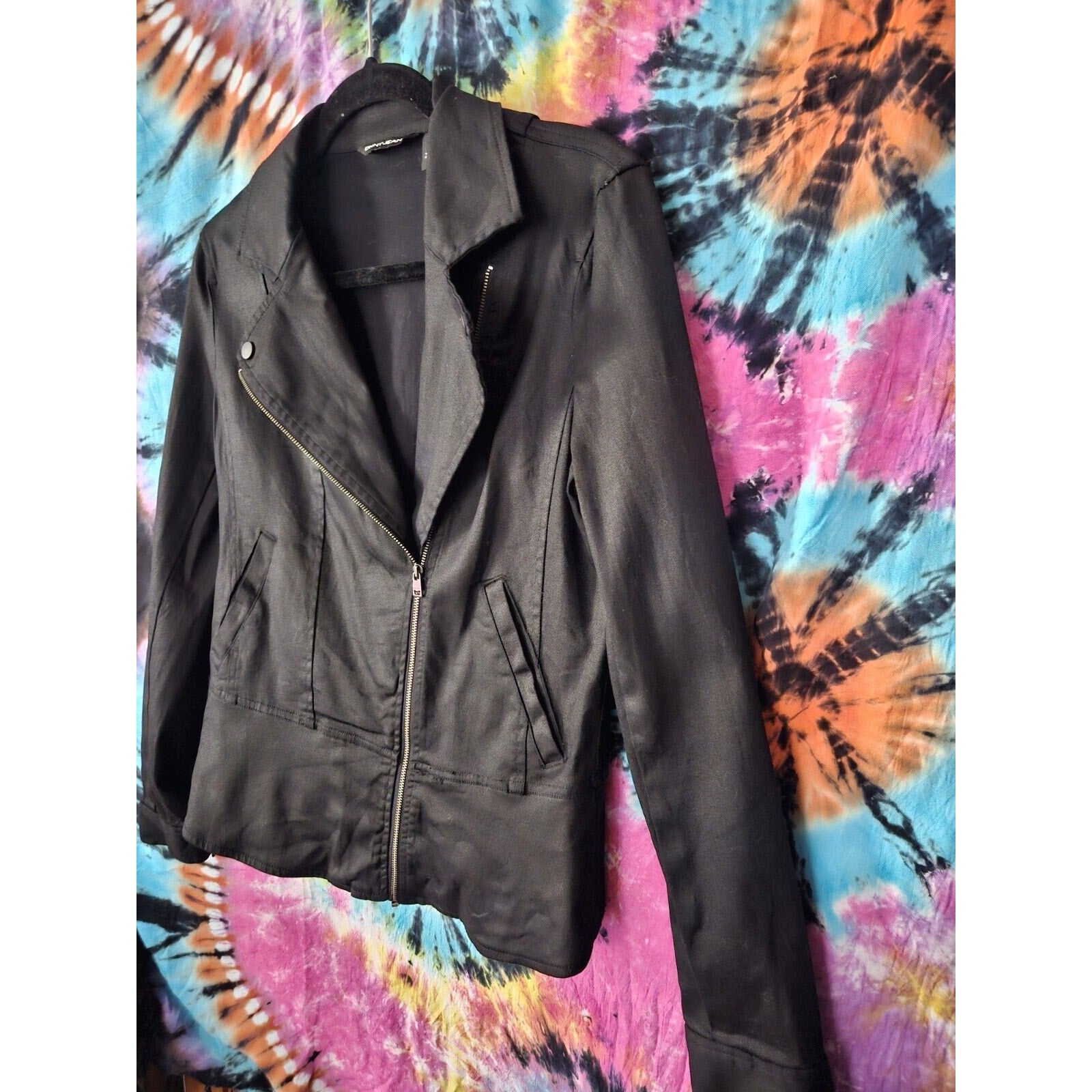 DKNY Jeans Black Moto Zip Jacket Stretch Cotton Full Zip Biker Jacket Size Small