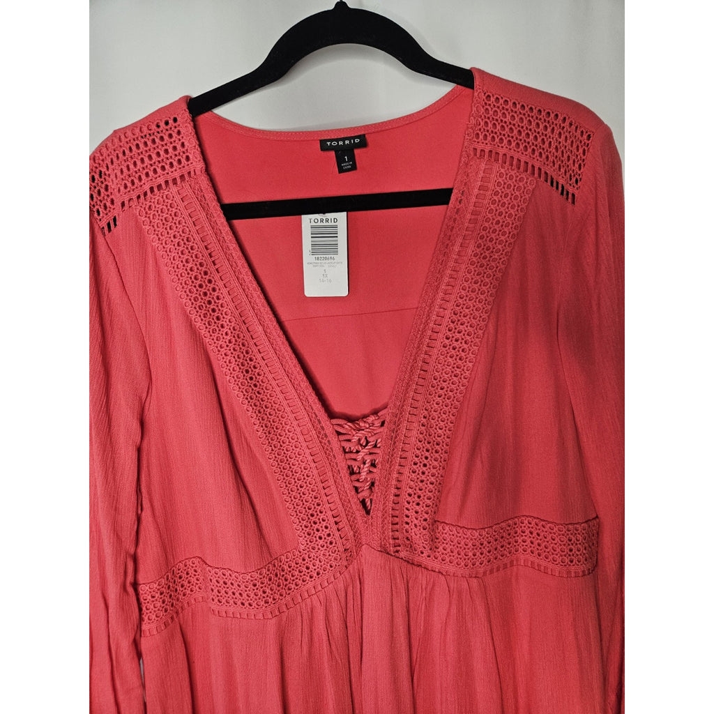 NWT Torrid Skater Dress Size 1X 14-16 Mini Gauze Lace-Up Berry Pink Rayon Flare