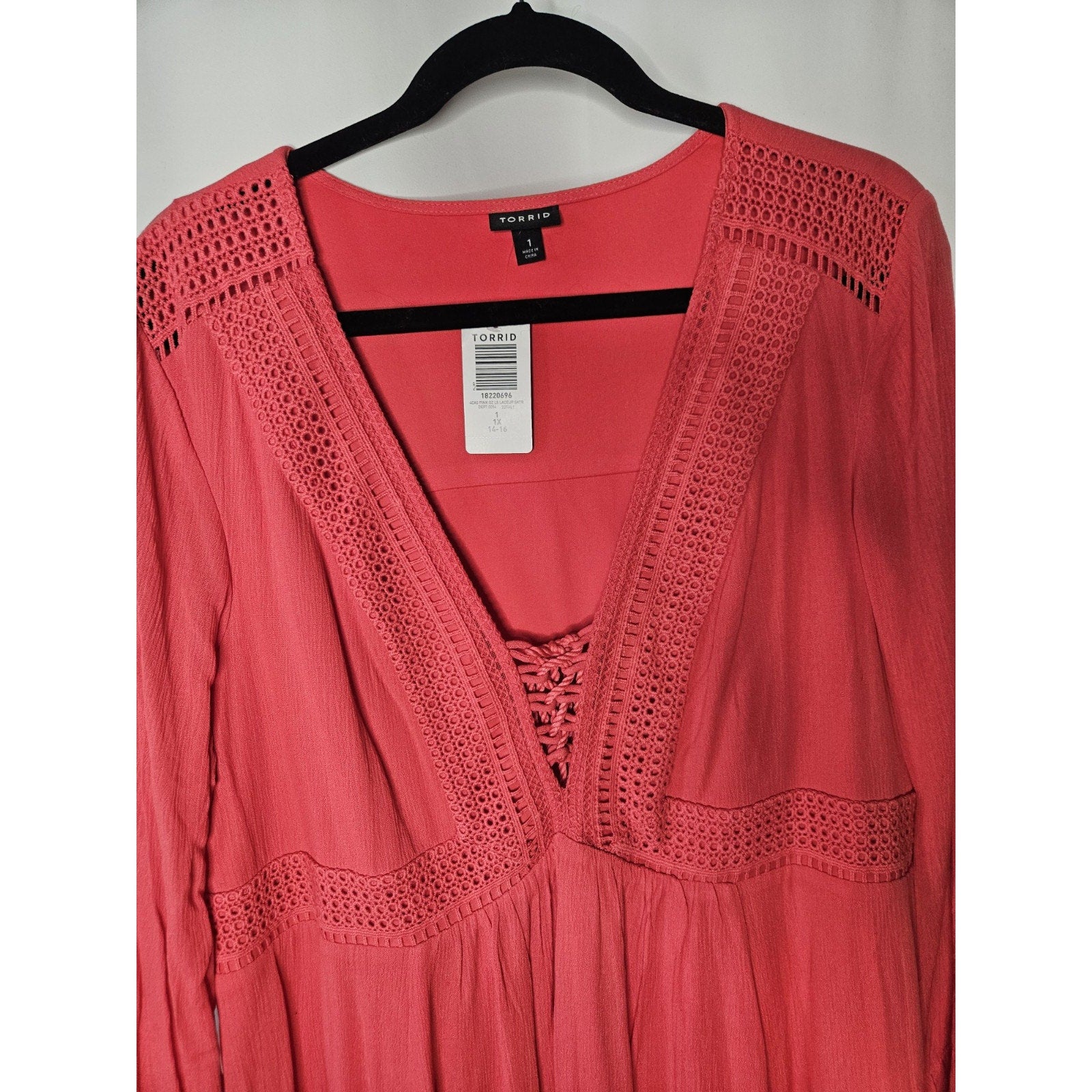 NWT Torrid Skater Dress Size 1X 14-16 Mini Gauze Lace-Up Berry Pink Rayon Flare