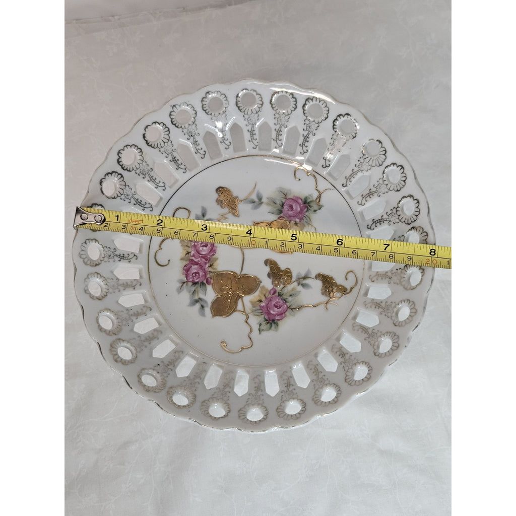 Vintage Pierced Reticulated Porcelain Pedestal Compote Bowl Gold Flowers Japan