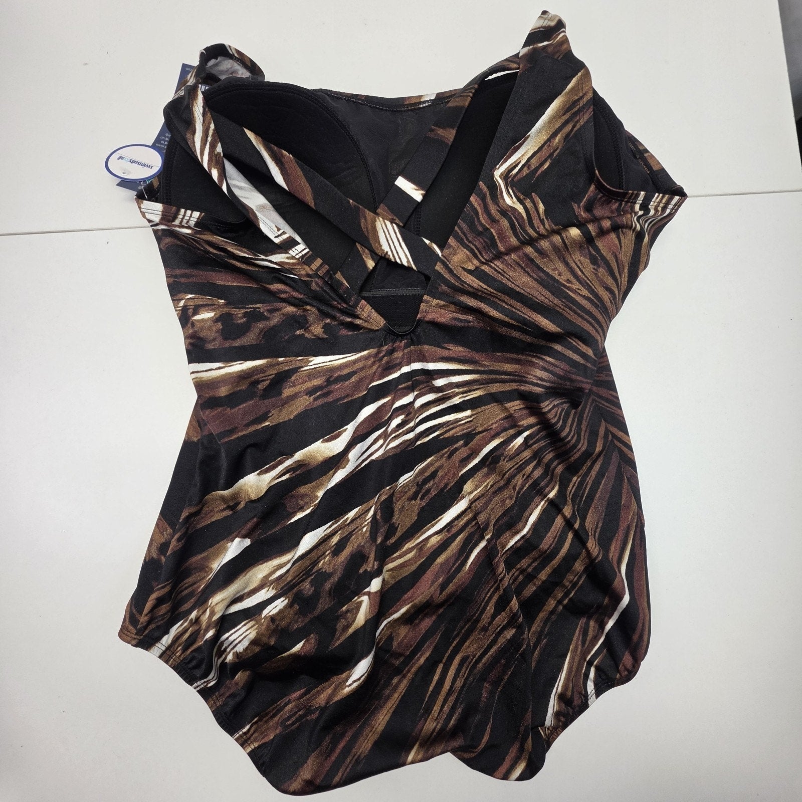 NEW Longitude 24W Brown Black Abstract Retro One Piece Swimsuit Plus V-neck