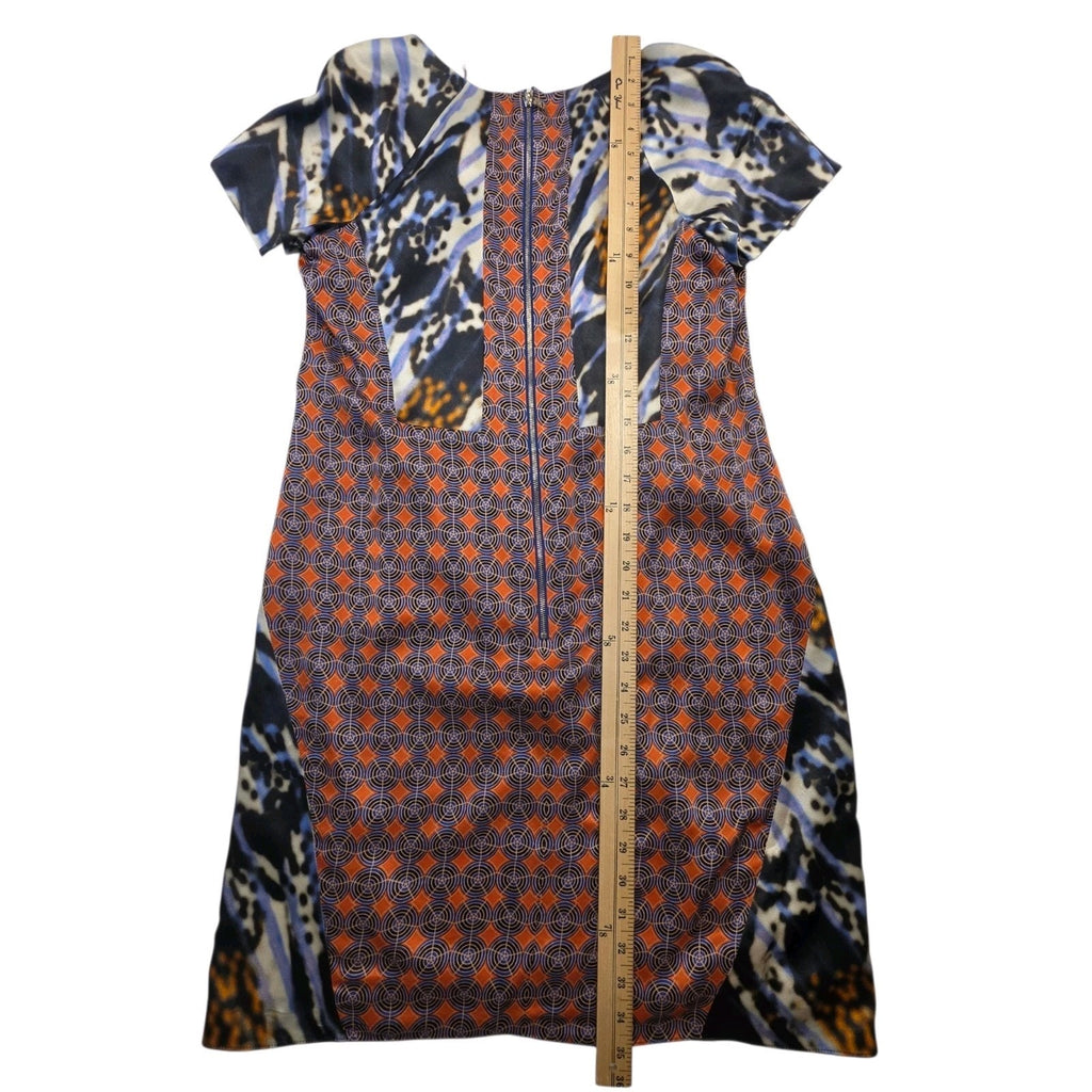 RACHEL ROY Collection Multicolored Patch Pattern Silk V Neck Sheath Dress Sz 8