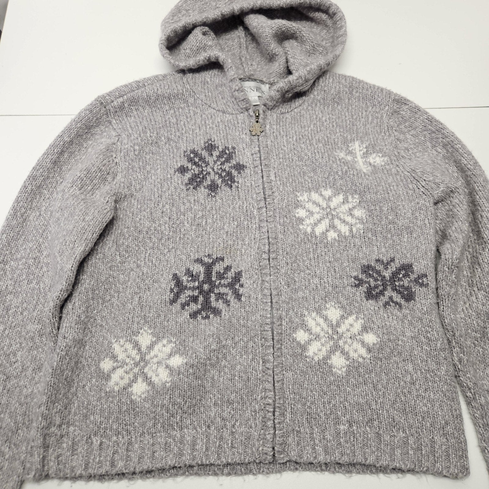 Vintage Womens Full Zip Gray Cardigan Snowflake Sweater Large Nordic Ski