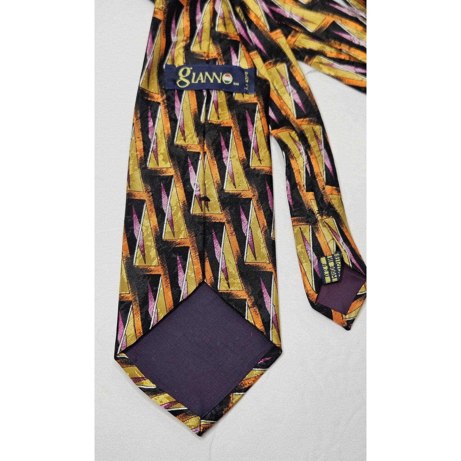 Gianno Vintage Men's Tie Black Orange Pink Geometric Pattern Necktie Made In USA